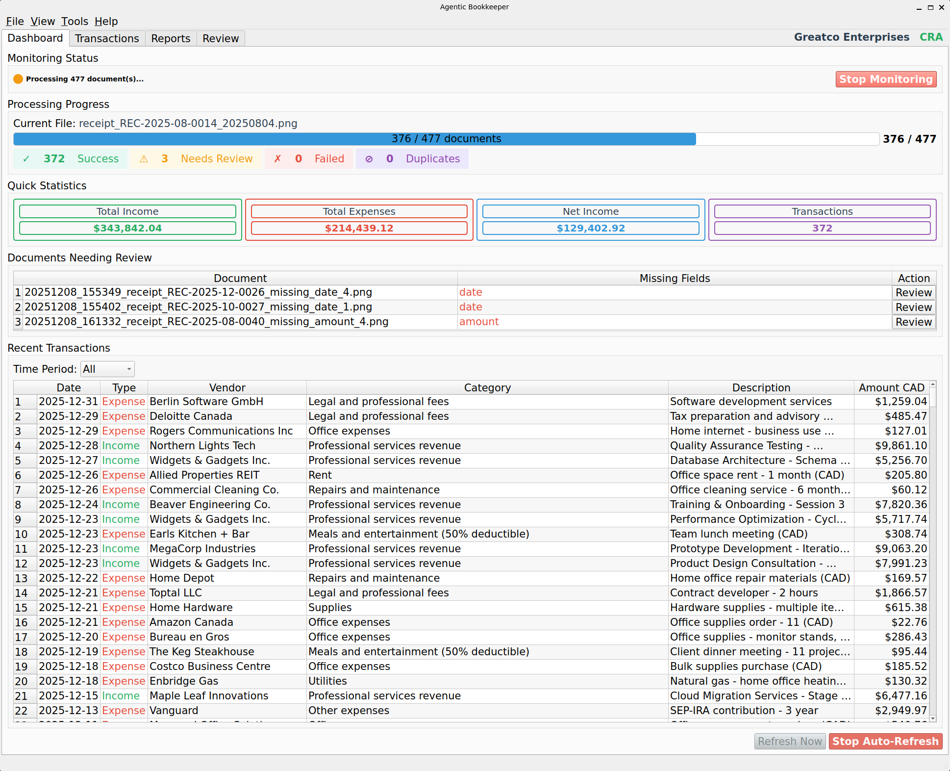 SoloStaff Bookkeeper batch processing 477 documents with progress bar and status counters