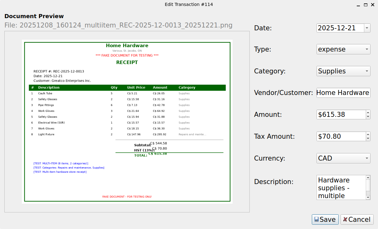 SoloStaff Bookkeeper Transaction Edit dialog with document preview showing multi-item receipt
