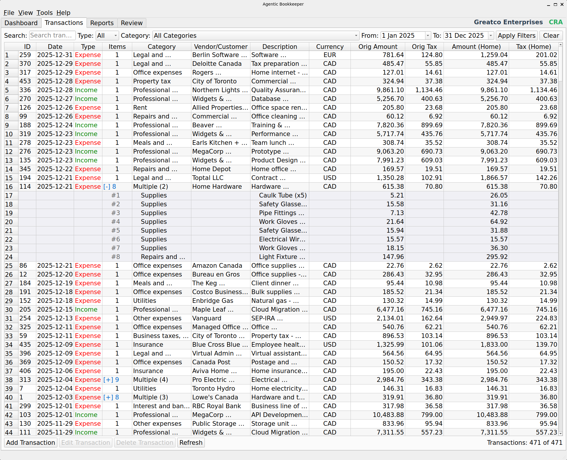 SoloStaff Bookkeeper Transactions view with expanded multi-item receipt showing individual line items