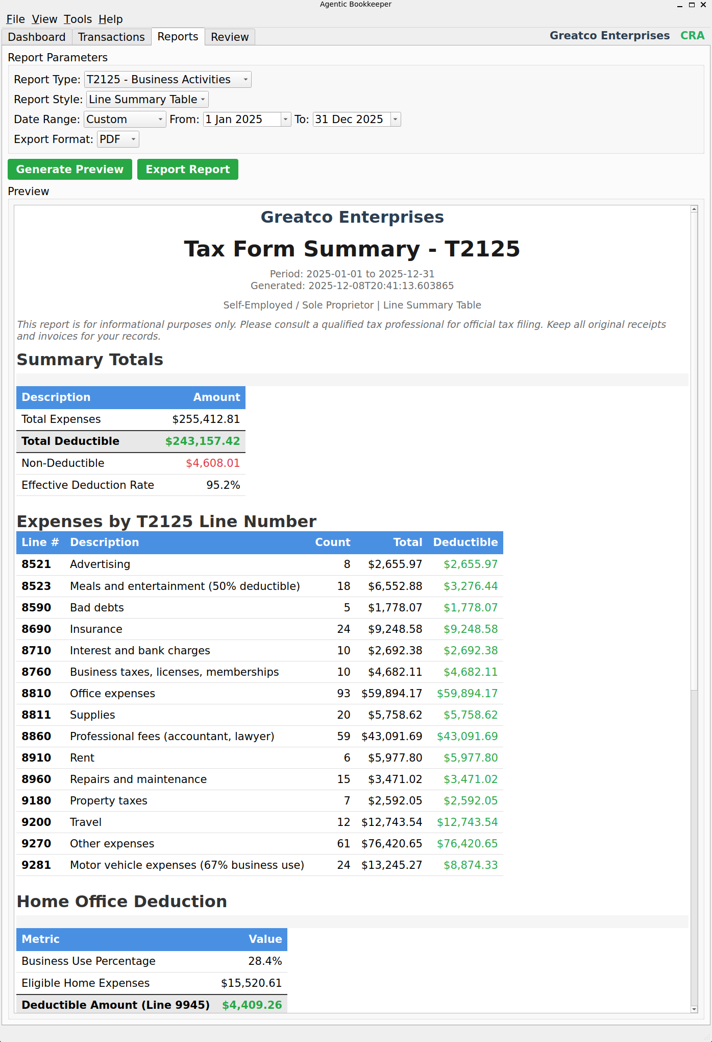 SoloStaff Bookkeeper T2125 Tax Form Report with expenses mapped to official CRA line numbers