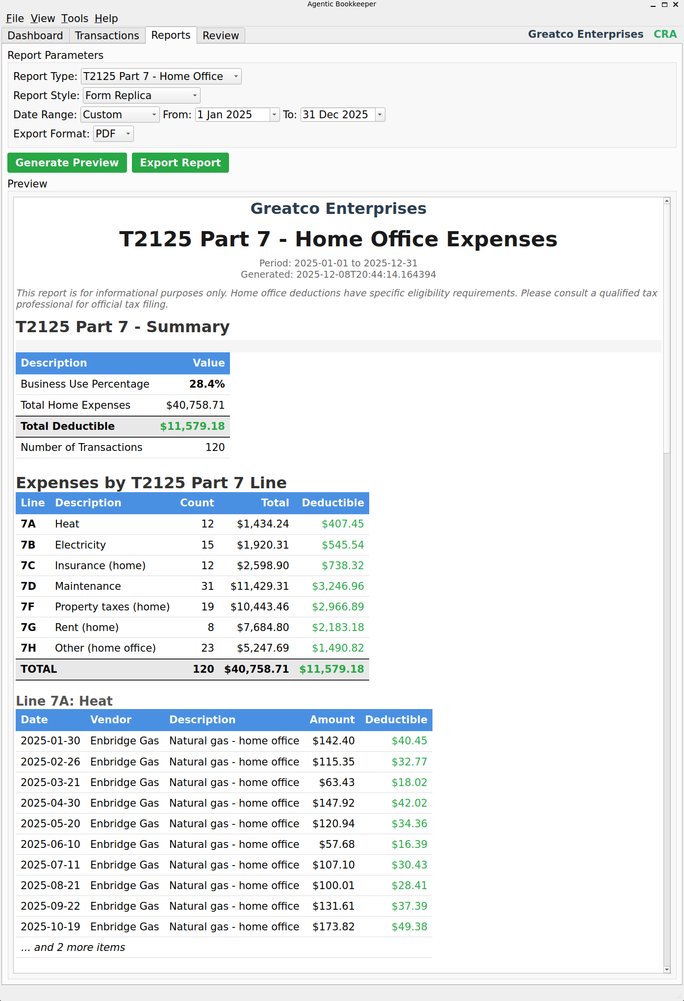 SoloStaff Bookkeeper Home Office Report with T2125 Part 7 business use percentage calculations