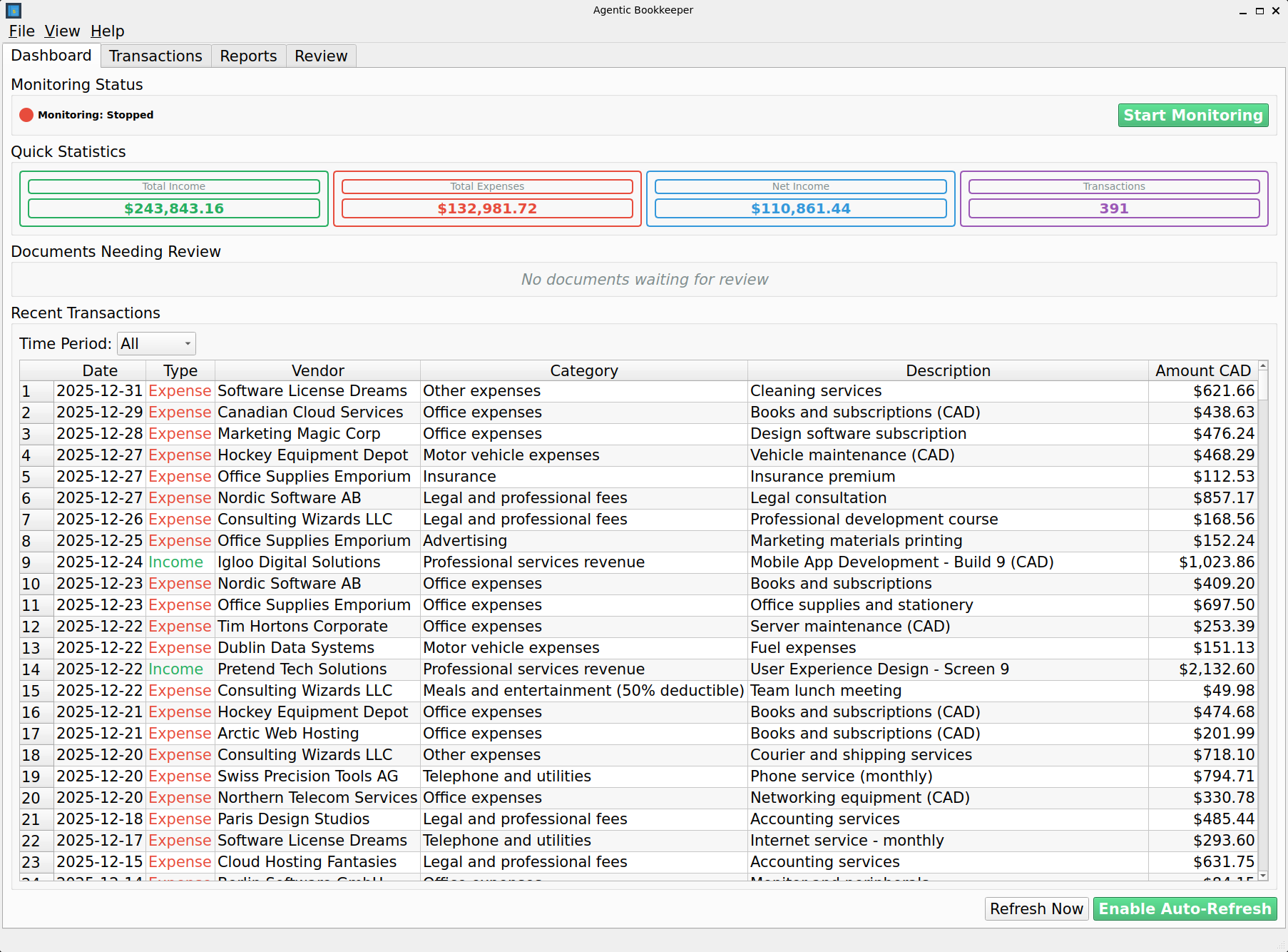 Agentic Bookkeeper Dashboard showing real-time statistics, document processing status, and financial overview