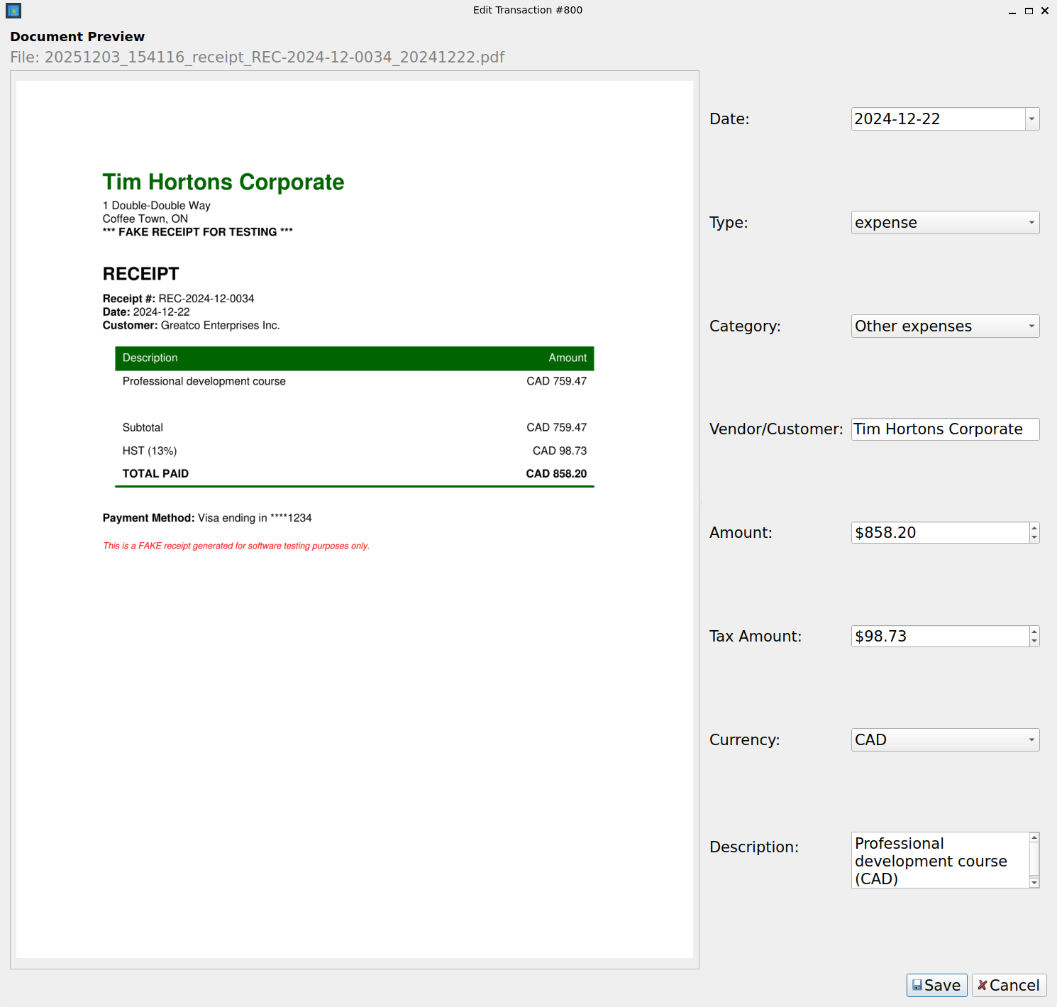 Agentic Bookkeeper Edit Transaction dialog with category and tax editing