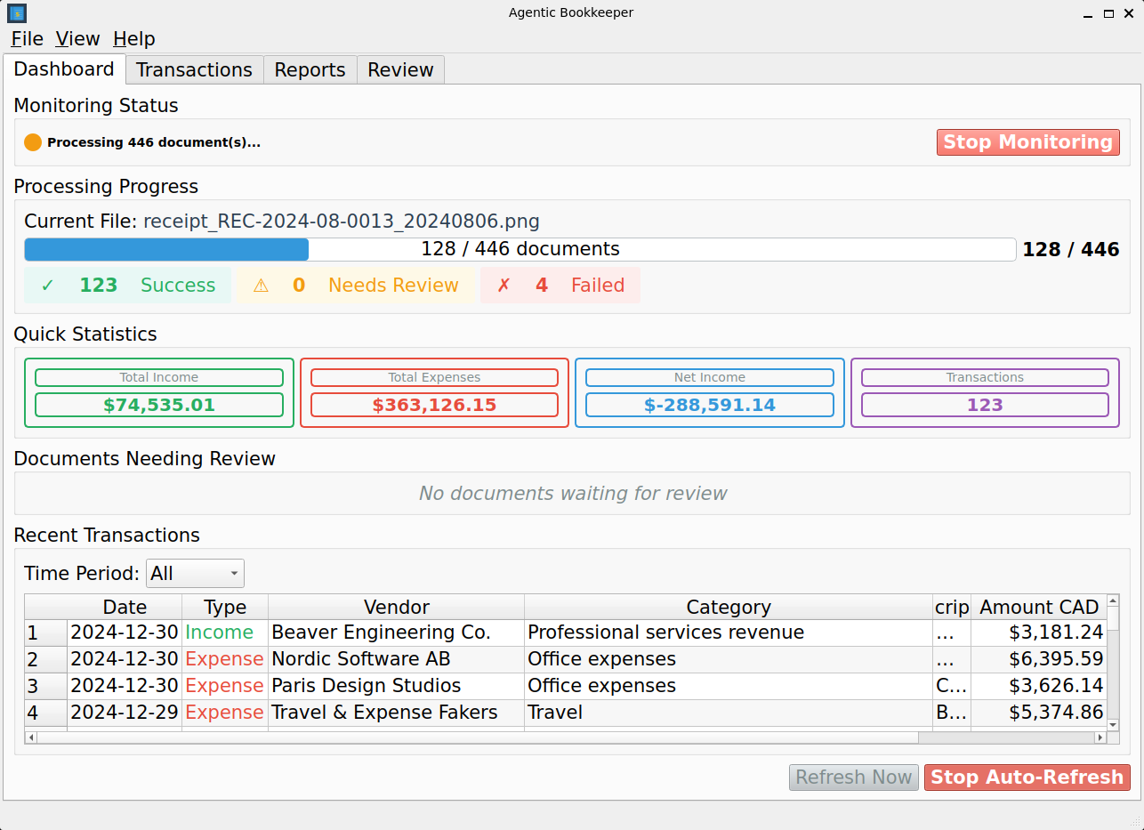 Agentic Bookkeeper Progress Tracker showing batch document processing with visual feedback