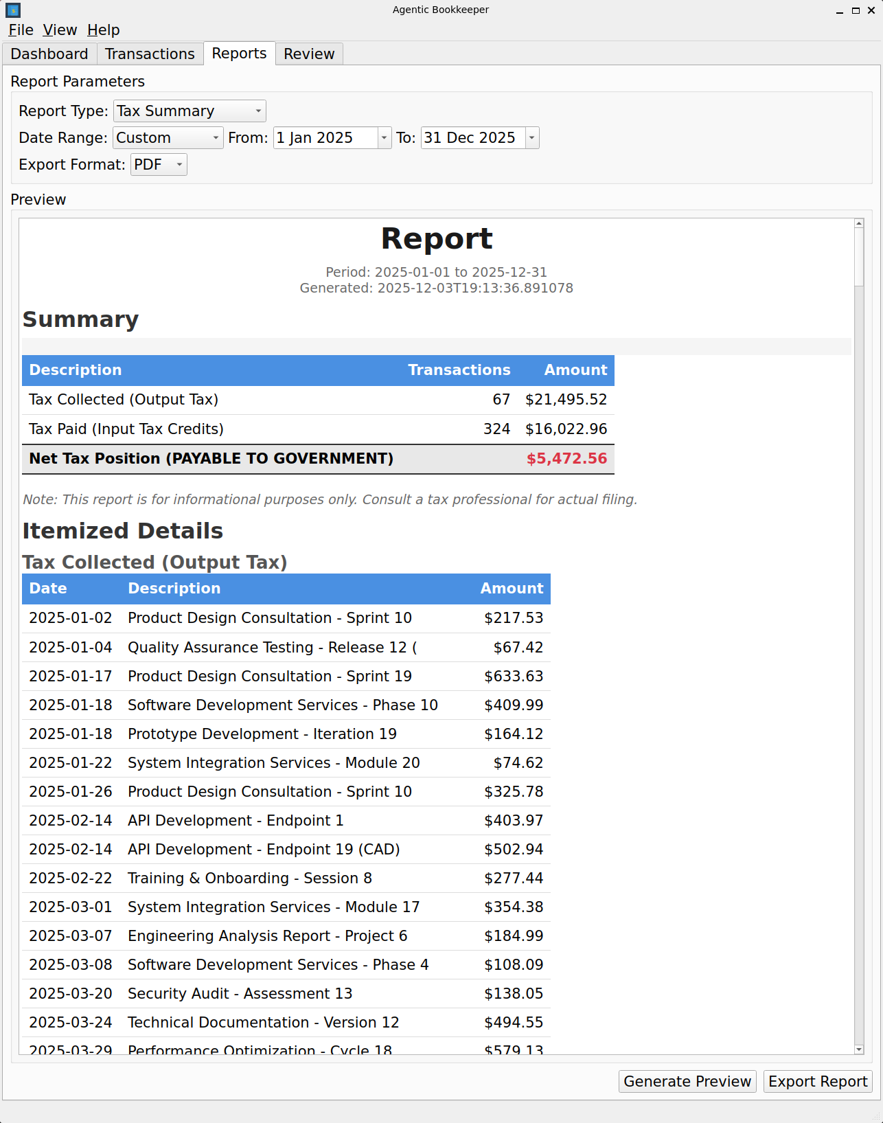 Agentic Bookkeeper Tax Summary report with GST/HST tracking and net tax position