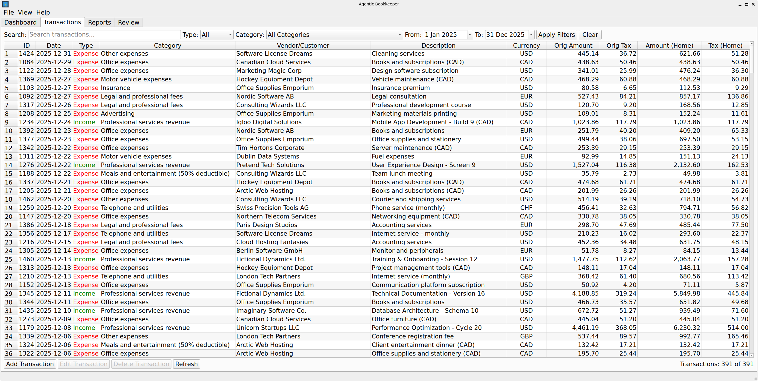 Agentic Bookkeeper Transactions view with multi-currency support and advanced filtering