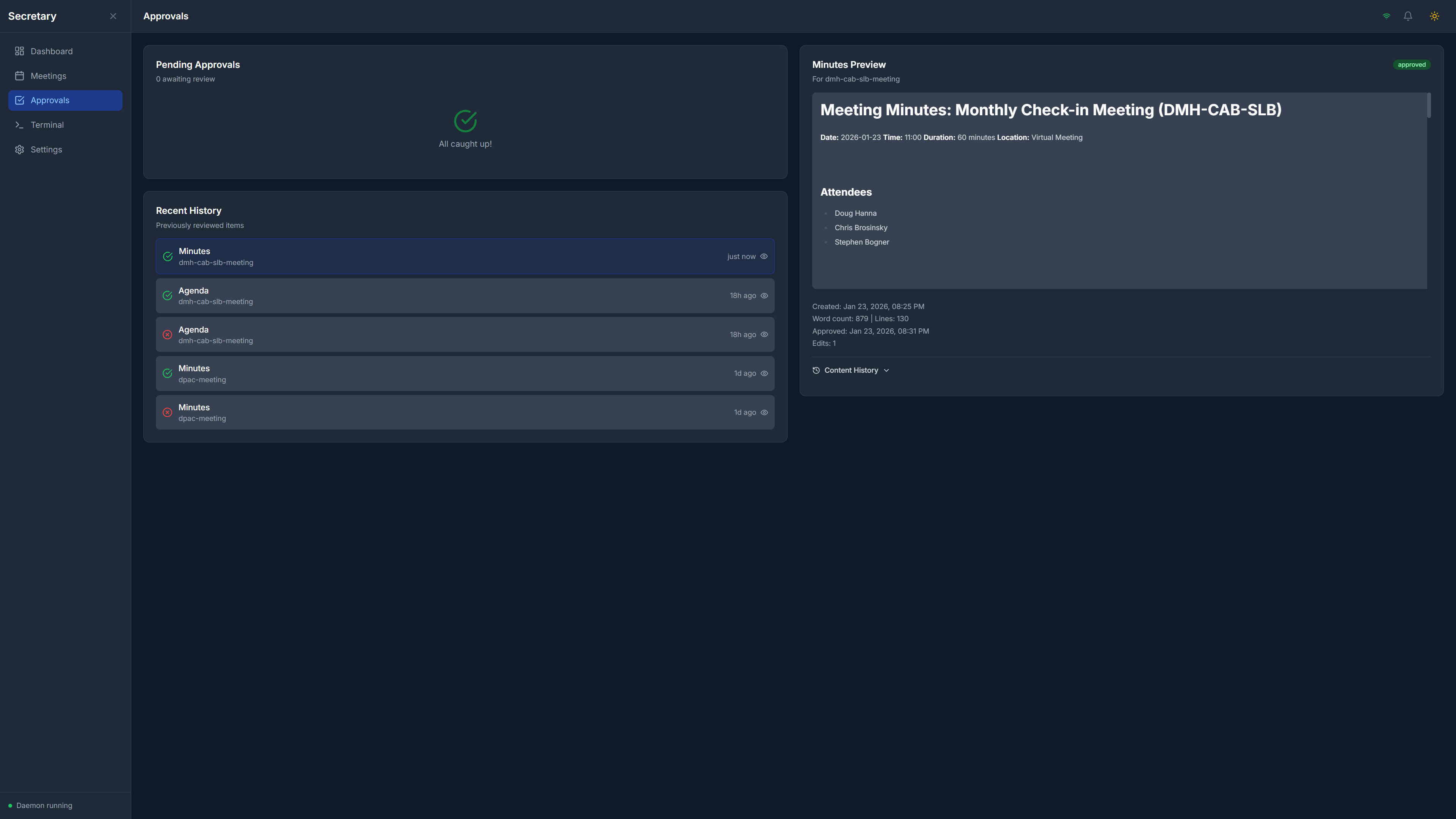 SoloStaff Meeting Secretary Approvals page with pending approvals, preview, and history