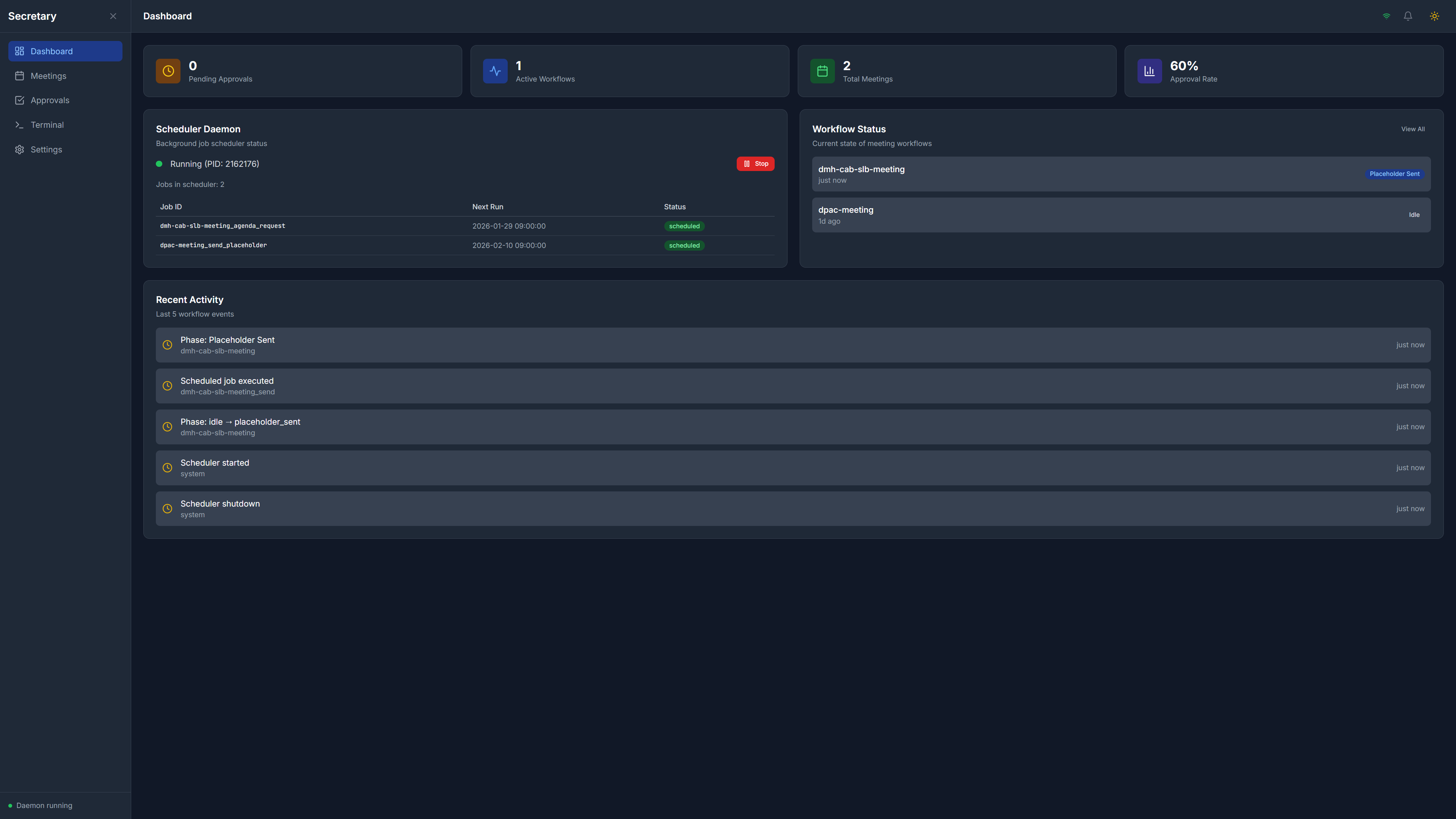 SoloStaff Meeting Secretary Dashboard showing workflow status, scheduler daemon status, and recent activity