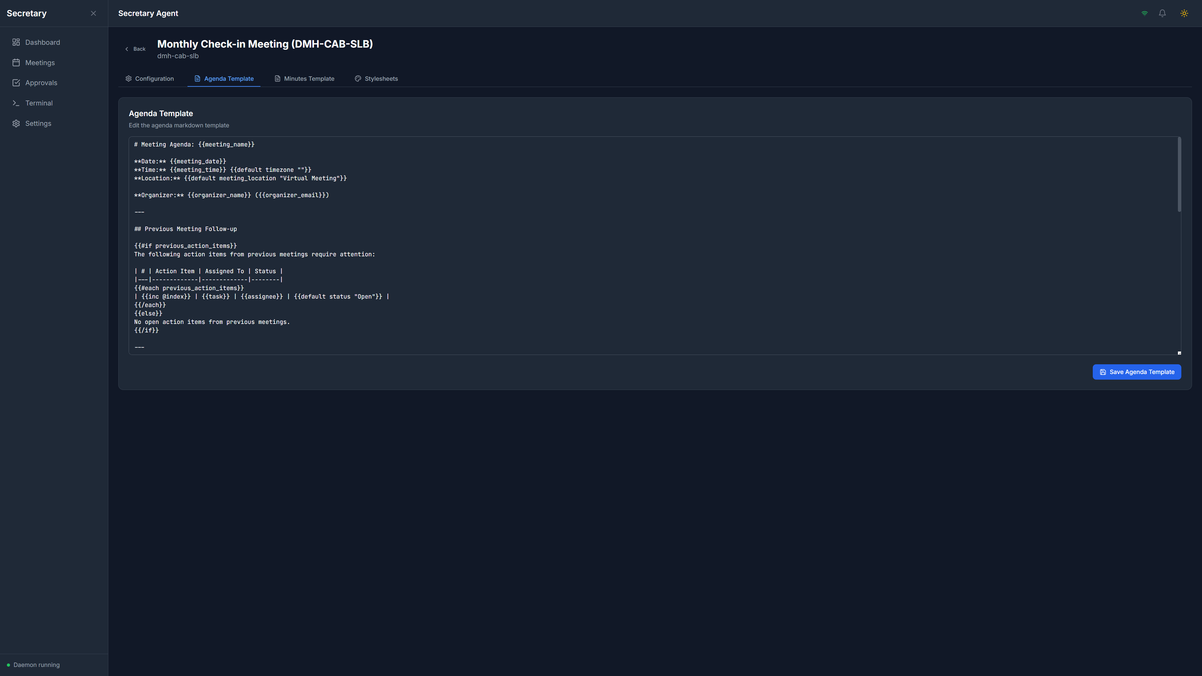 SoloStaff Meeting Secretary Agenda Template configuration