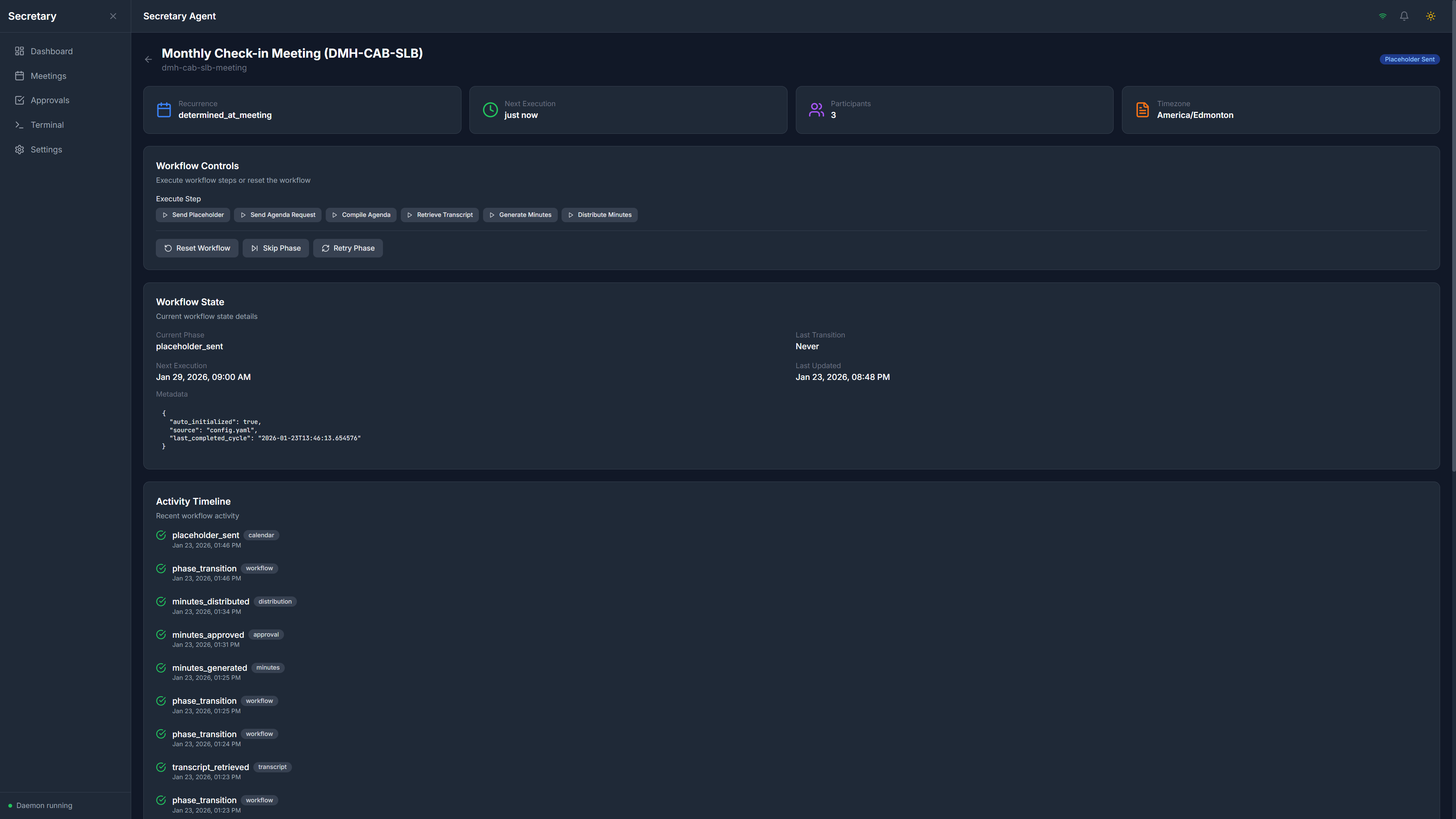 SoloStaff Meeting Secretary Meeting Details page with configuration and participant management