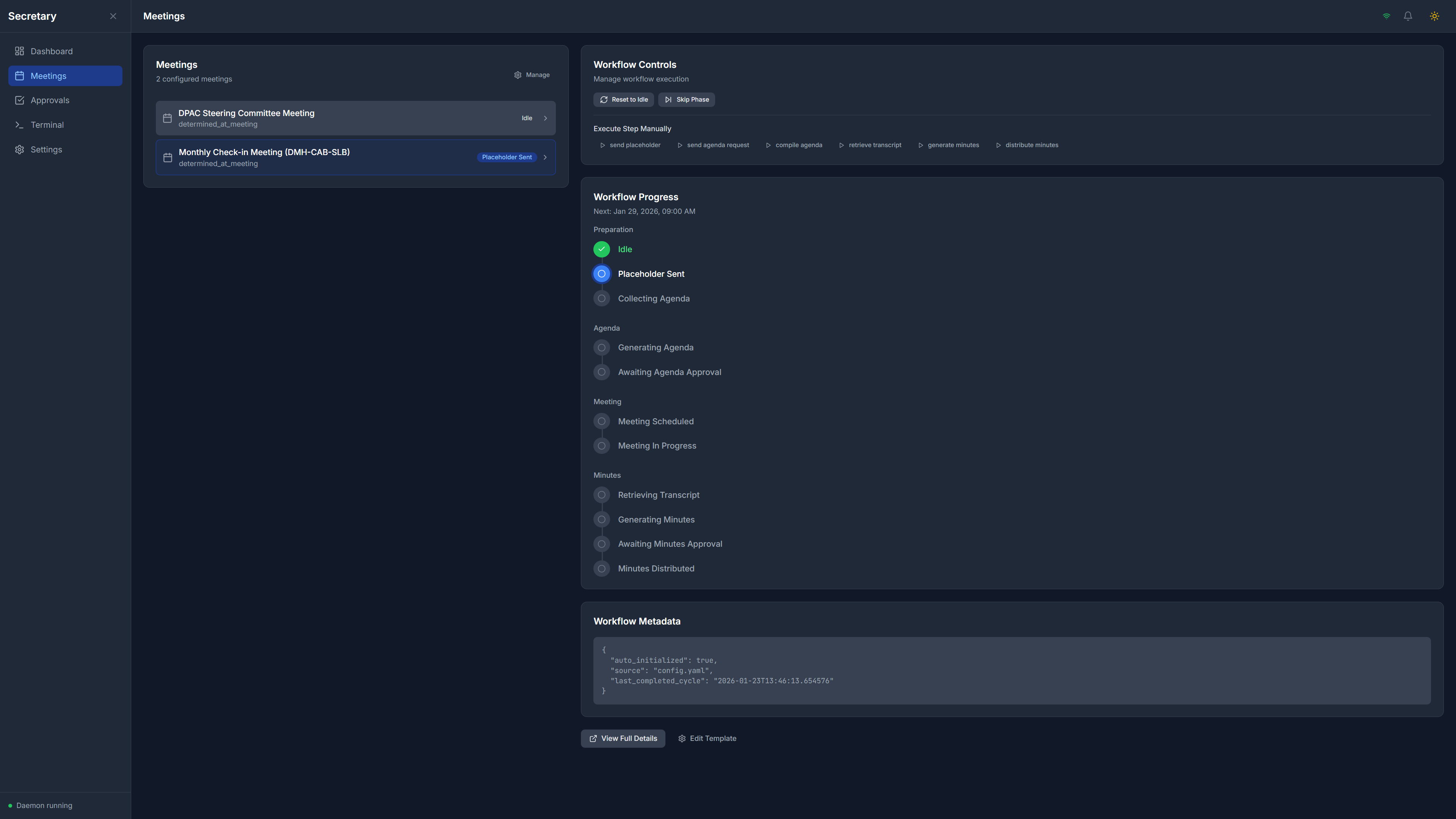 SoloStaff Meeting Secretary Meetings page with workflow controls and progress tracker