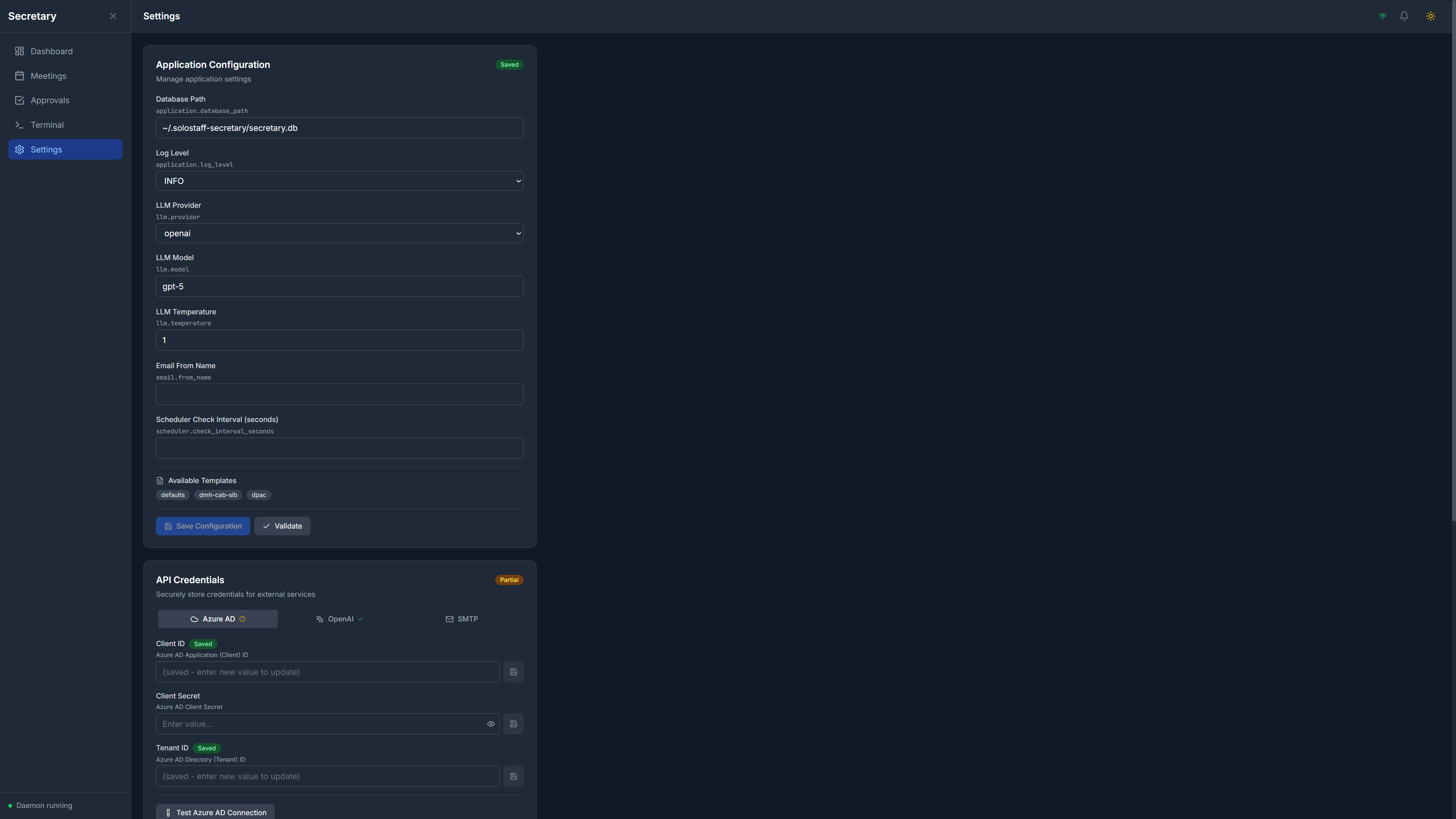 SoloStaff Meeting Secretary Settings page with API credentials and authentication status