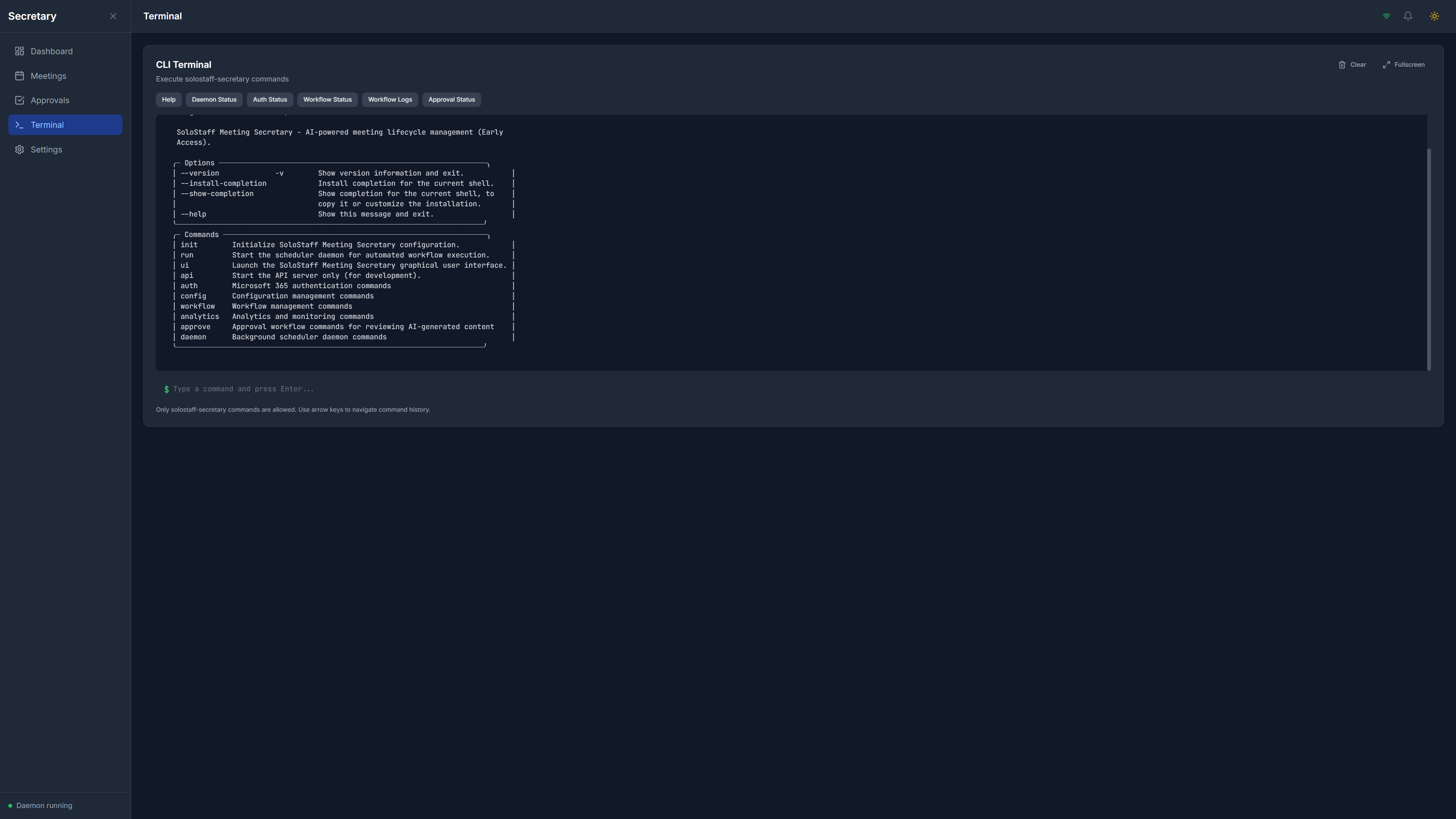 SoloStaff Meeting Secretary Terminal interface with CLI commands and quick actions