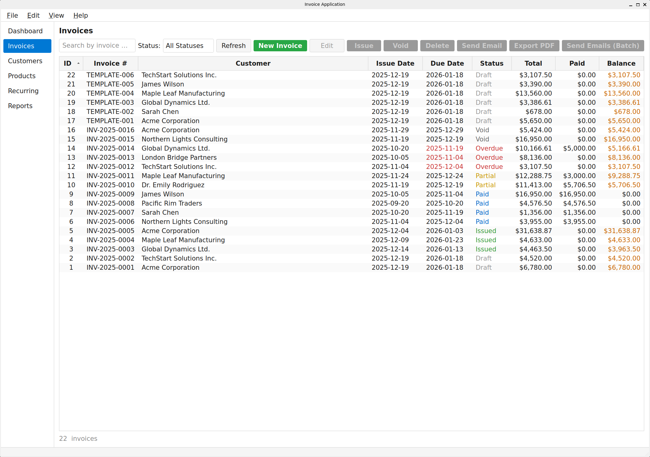 SoloStaff Invoice list view with status indicators