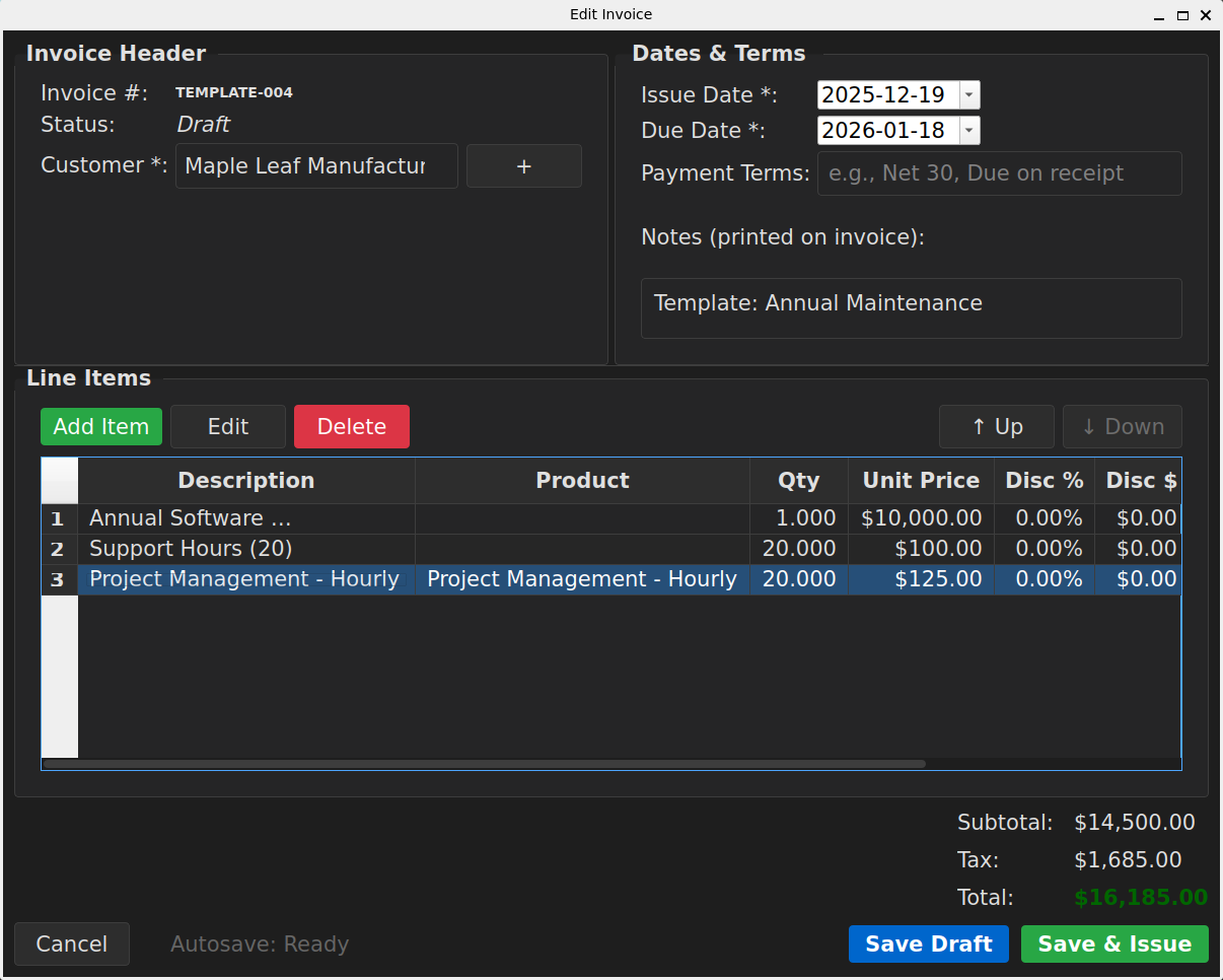 SoloStaff Invoice editor with line items