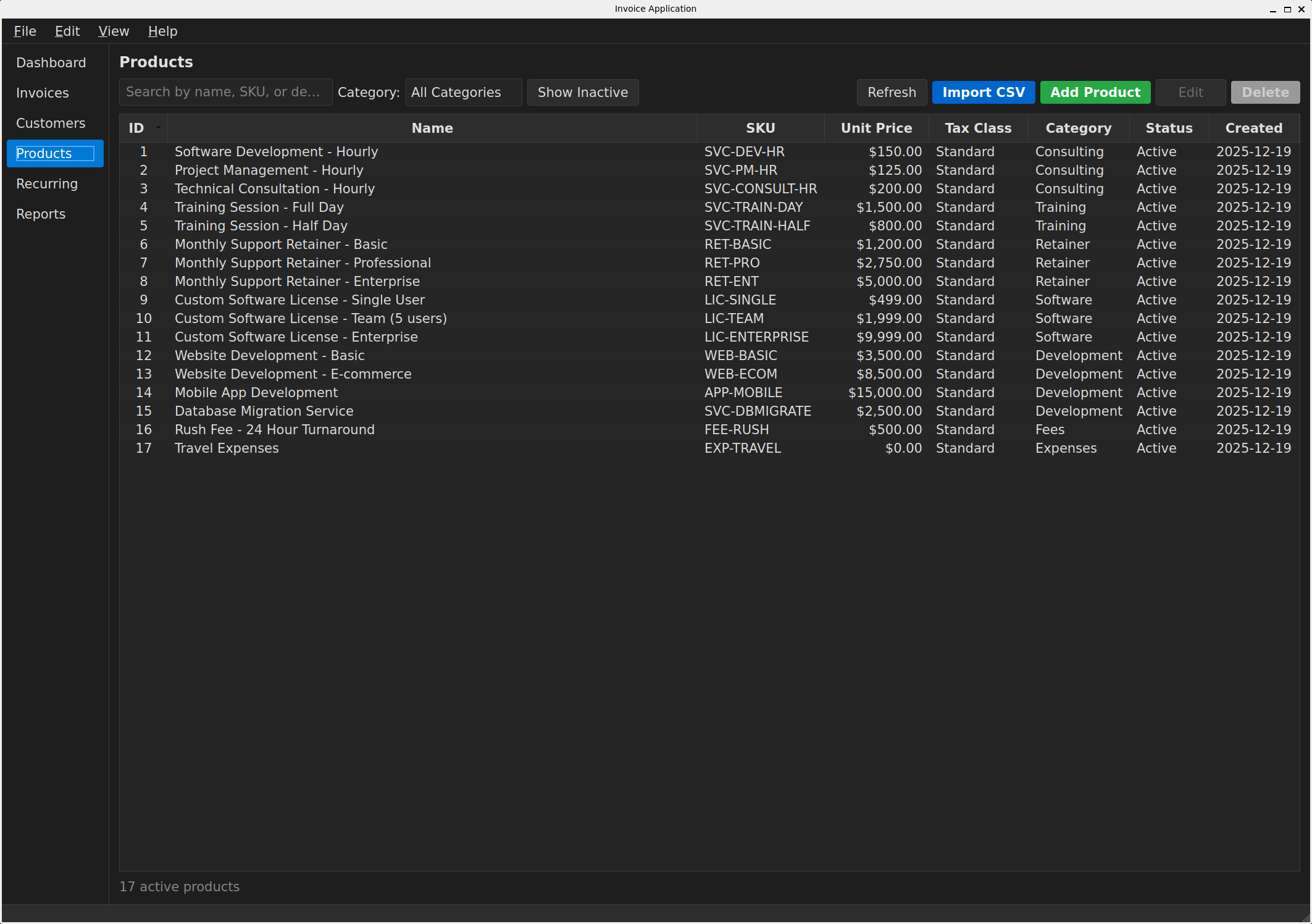 SoloStaff Invoice product catalog